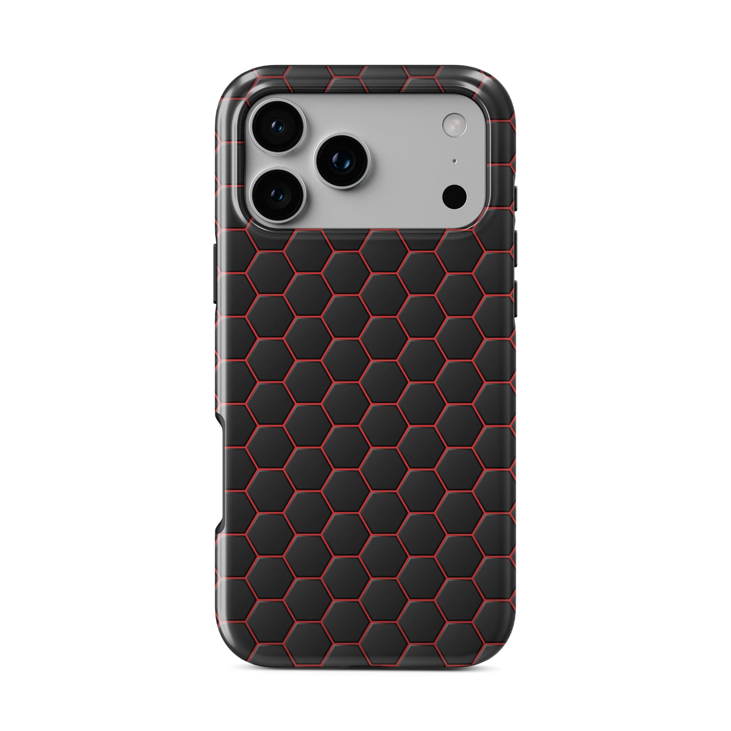 Red and black honeycomb gaming style design on glossy MagSafe tough iPhone case