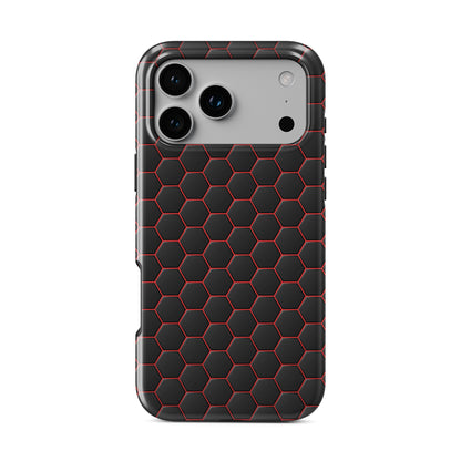 Red and black honeycomb gaming style design on glossy MagSafe tough iPhone case