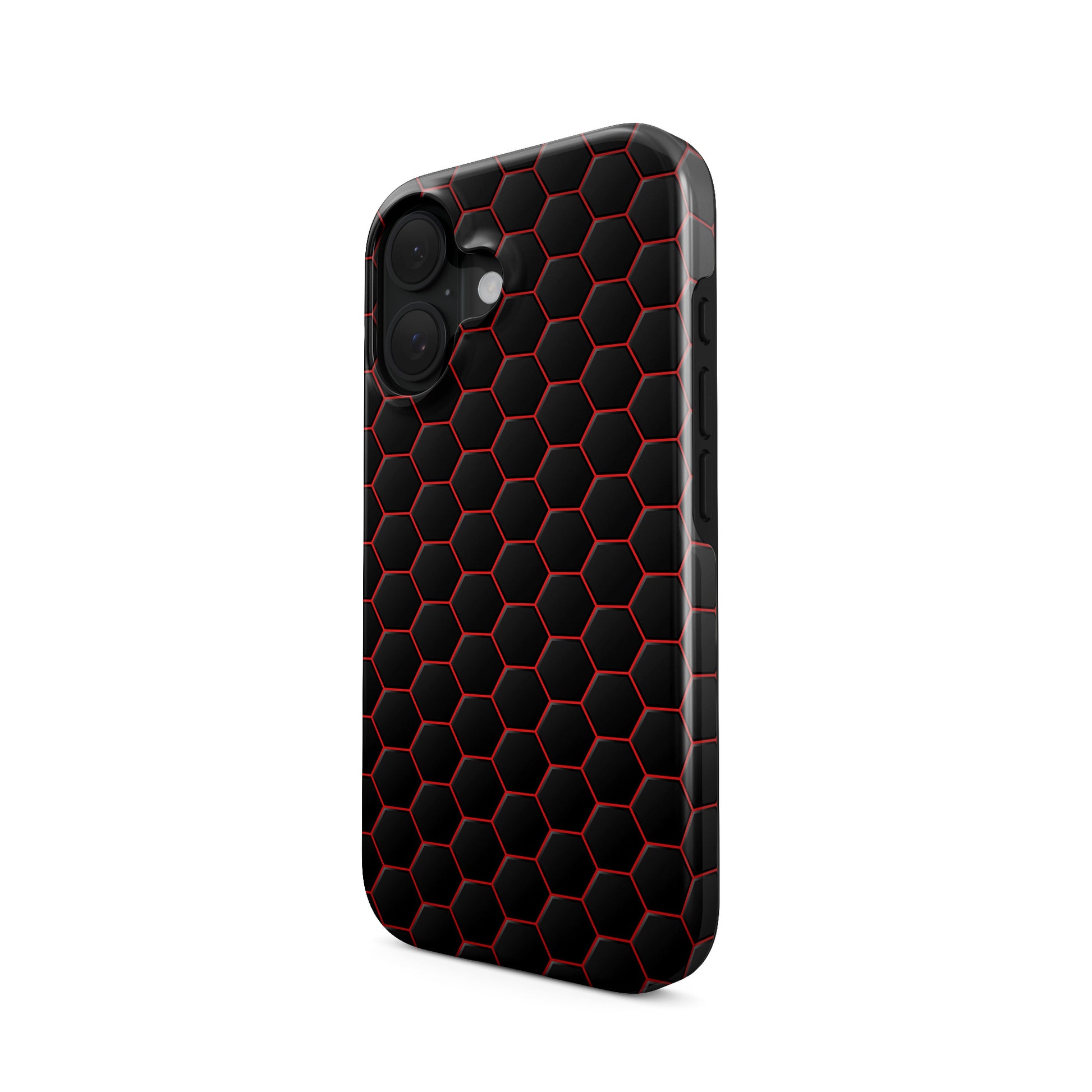 Red and black honeycomb gaming style design on glossy MagSafe tough iPhone case by Case and Charm