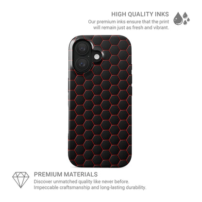 Red and black honeycomb gaming style design on glossy MagSafe tough iPhone case