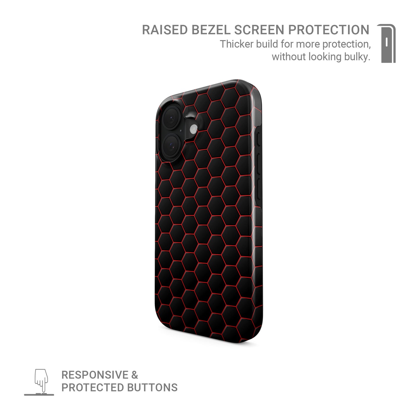 Red and black honeycomb gaming style design on glossy MagSafe tough iPhone case