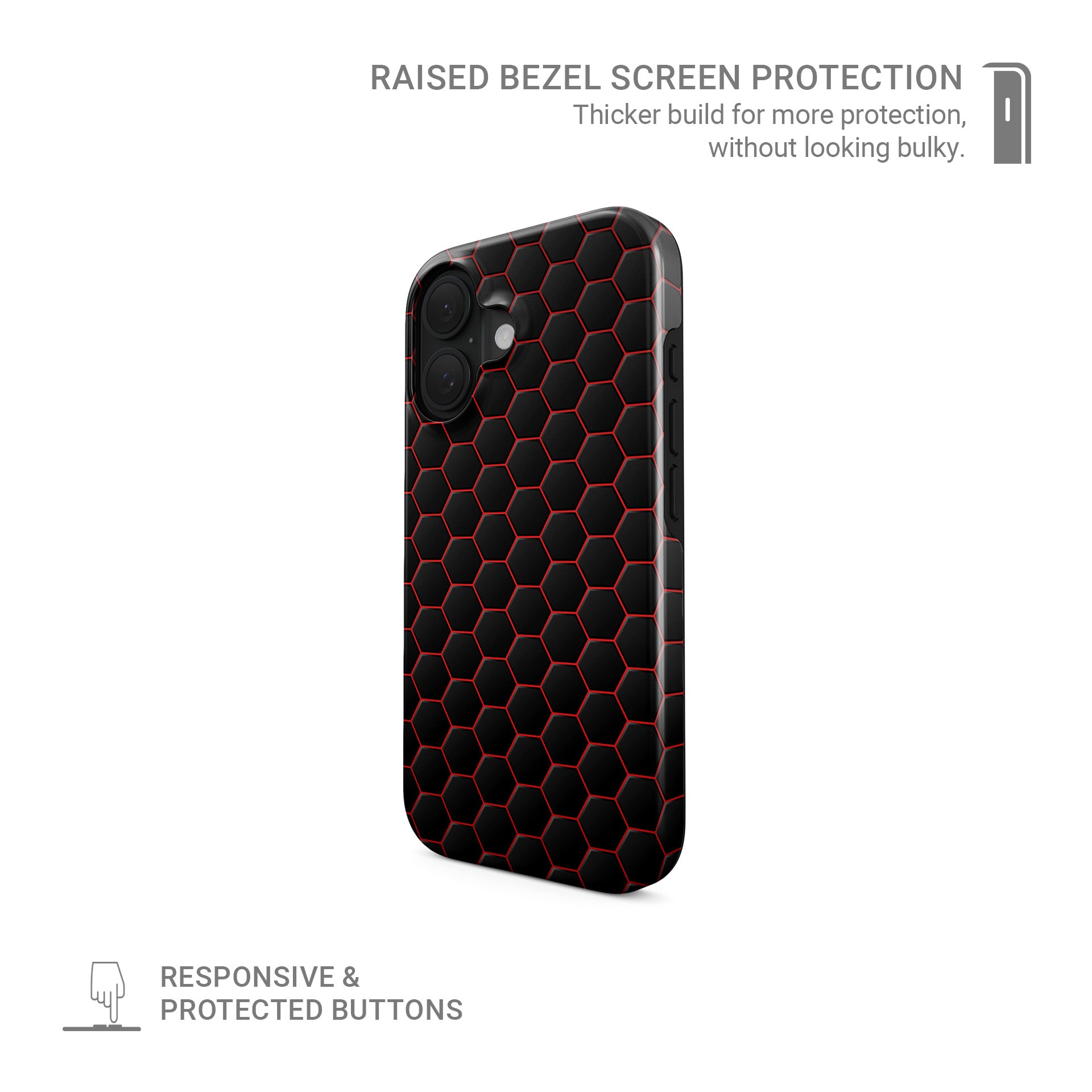 Red and black honeycomb gaming style design on glossy MagSafe tough iPhone case