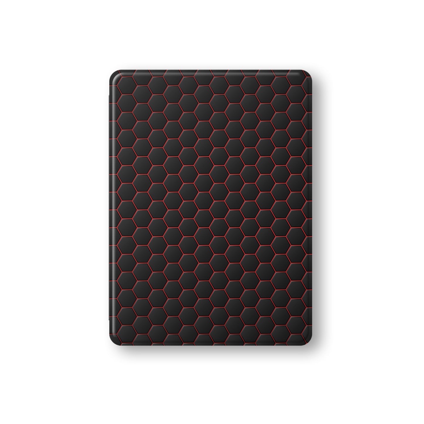 Redline Reactor Apple iPad case with matte black and red geometric design, vegan Saffiano leather exterior, Apple Pencil holder and slim protective build.