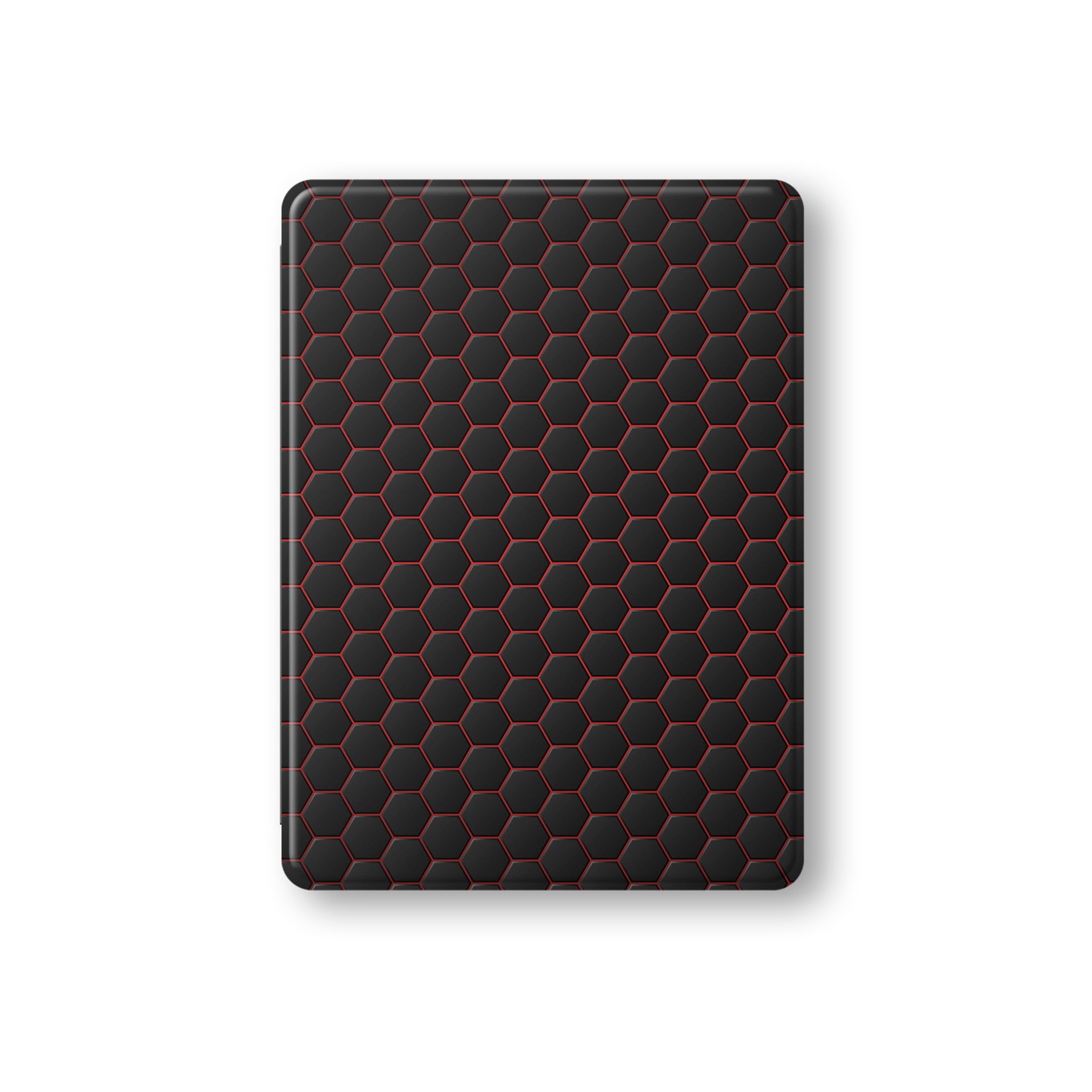 Redline Reactor Apple iPad case with matte black and red geometric design, vegan Saffiano leather exterior, Apple Pencil holder and slim protective build.