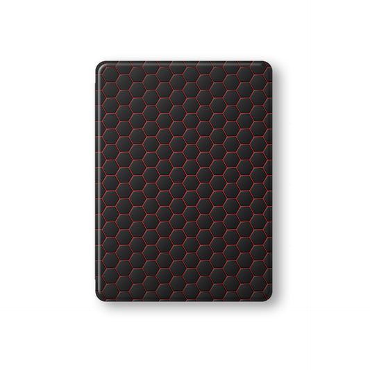 Redline Reactor Apple iPad case with matte black and red geometric design, vegan Saffiano leather exterior, Apple Pencil holder and slim protective build.