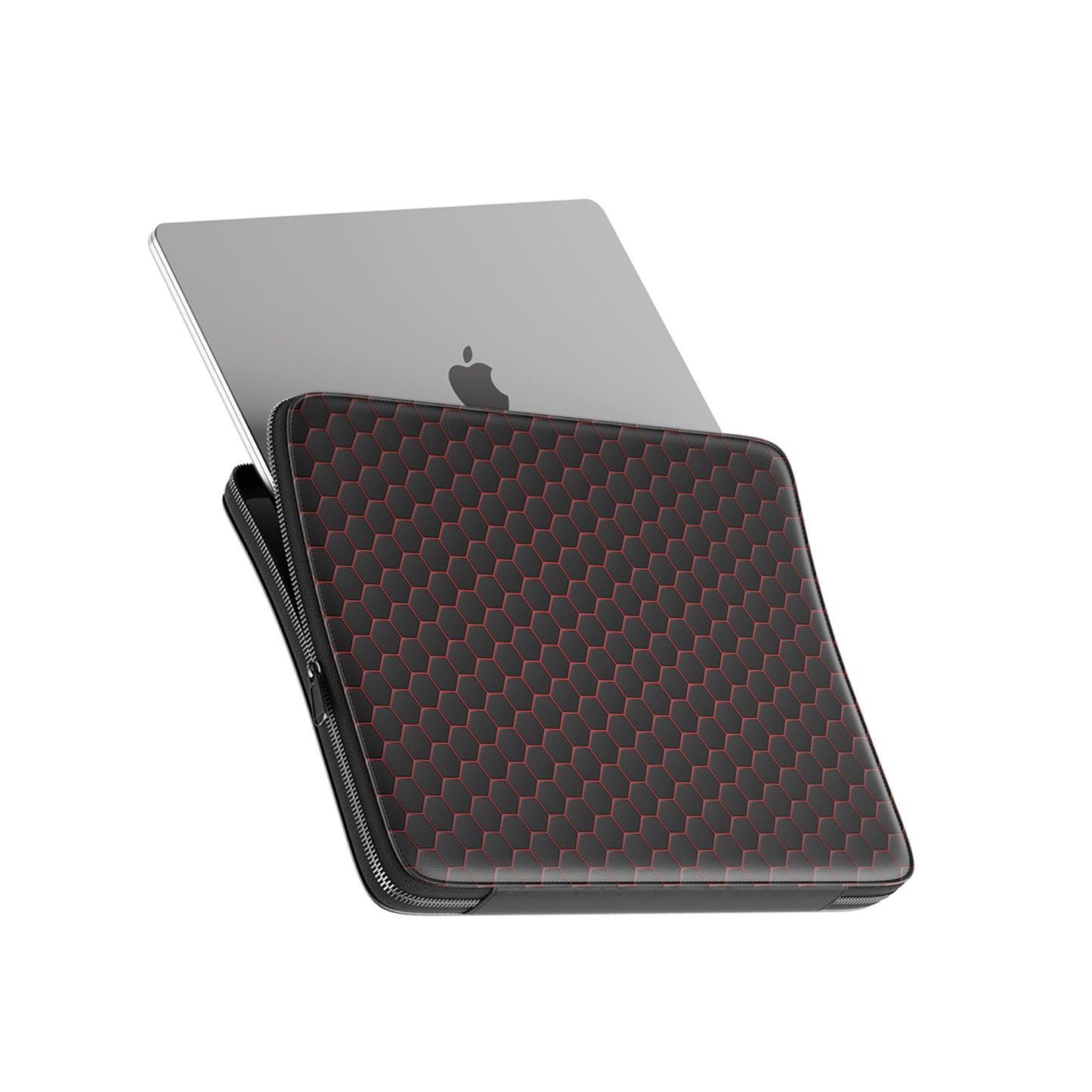 Redline Reactor laptop case with black hexagon pattern and red accents, shown as a slim padded protective laptop sleeve.