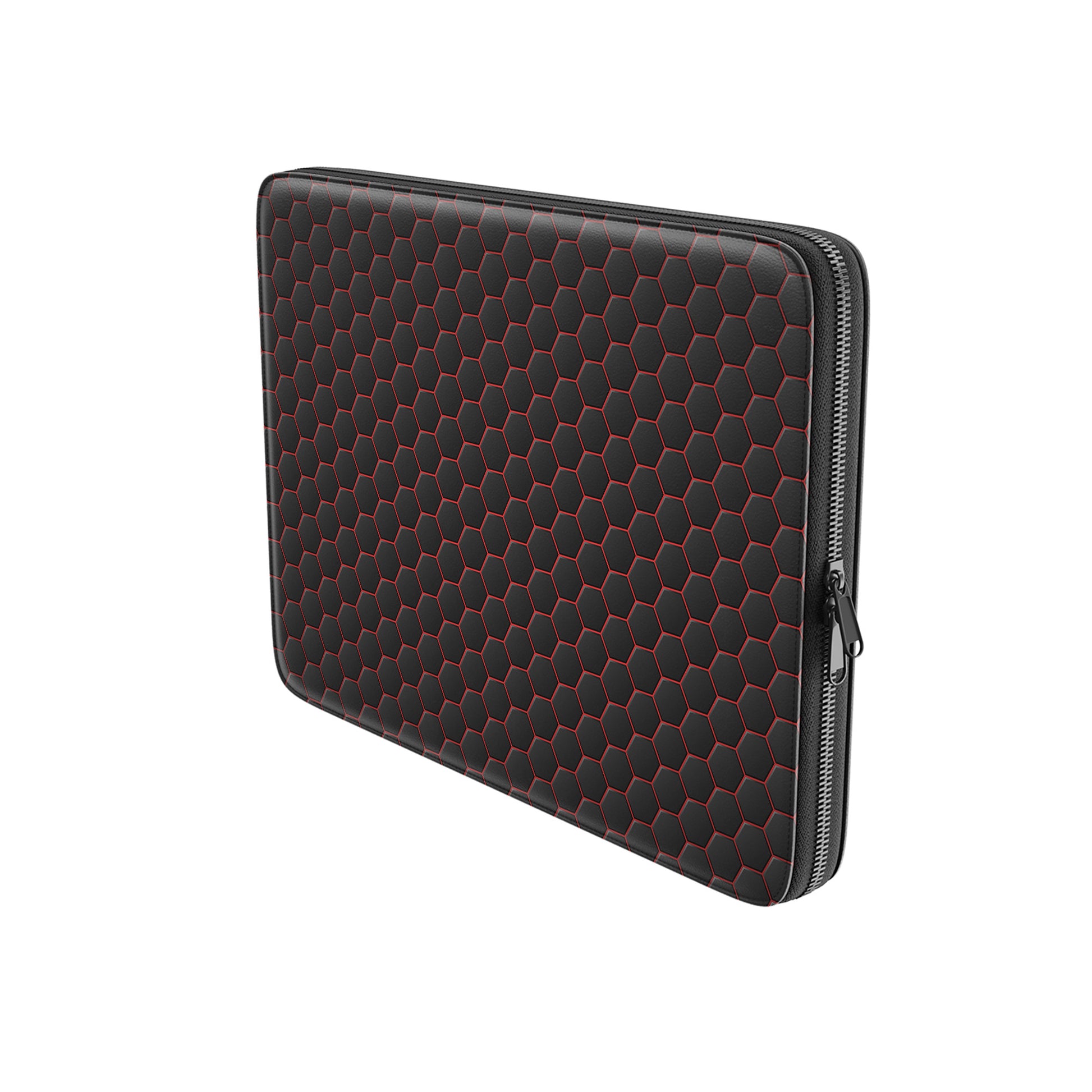 Redline Reactor laptop case with black hexagon pattern and red accents, shown as a slim padded protective laptop sleeve.