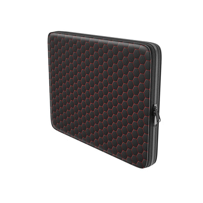 Redline Reactor laptop case with black hexagon pattern and red accents, shown as a slim padded protective laptop sleeve.