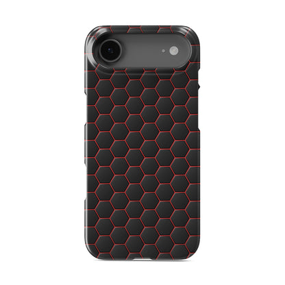 Redline Reactor snap phone case with red neon hexagon pattern on a dark geometric background.