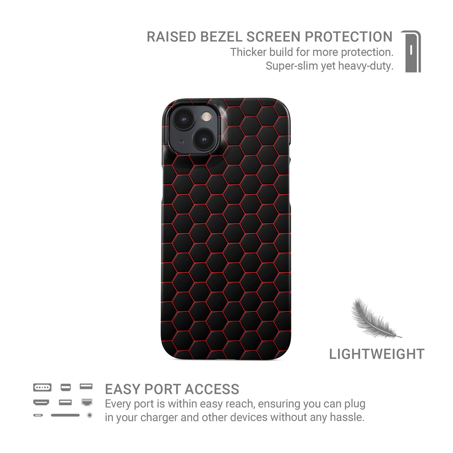 Redline Reactor snap phone case with red neon hexagon pattern on a dark geometric background.