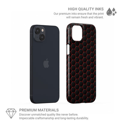 Redline Reactor snap phone case with red neon hexagon pattern on a dark geometric background.