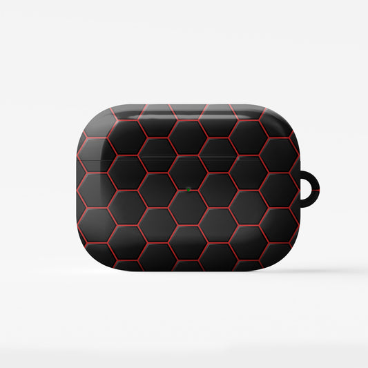 Redline Reactor AirPods tough case with black and red honeycomb hexagon pattern, glossy finish, modern geometric design, flat printed texture.