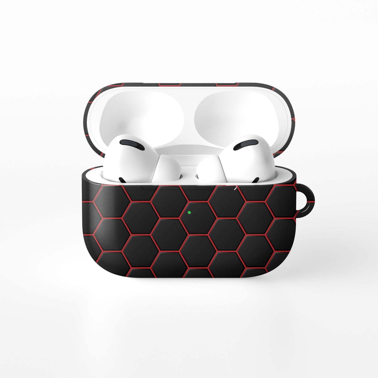 Redline Reactor AirPods tough case with black and red honeycomb hexagon pattern, glossy finish, modern geometric design, flat printed texture.