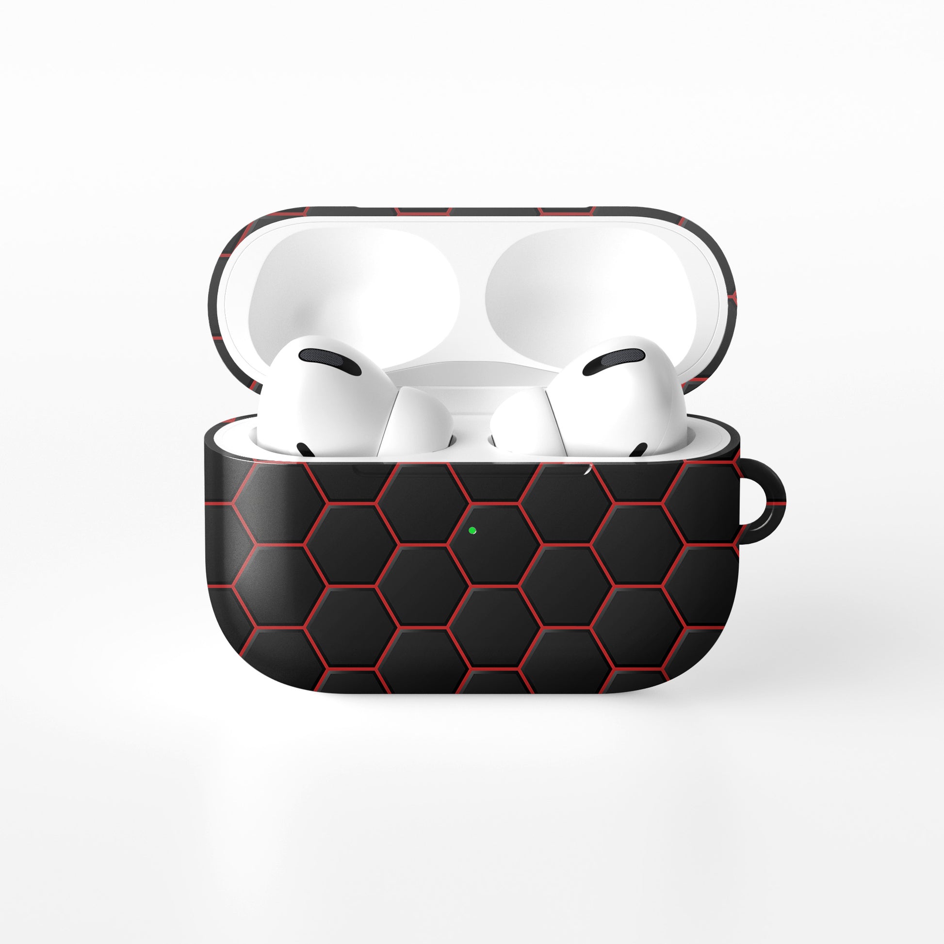 Redline Reactor AirPods tough case with black and red honeycomb hexagon pattern, glossy finish, modern geometric design, flat printed texture.