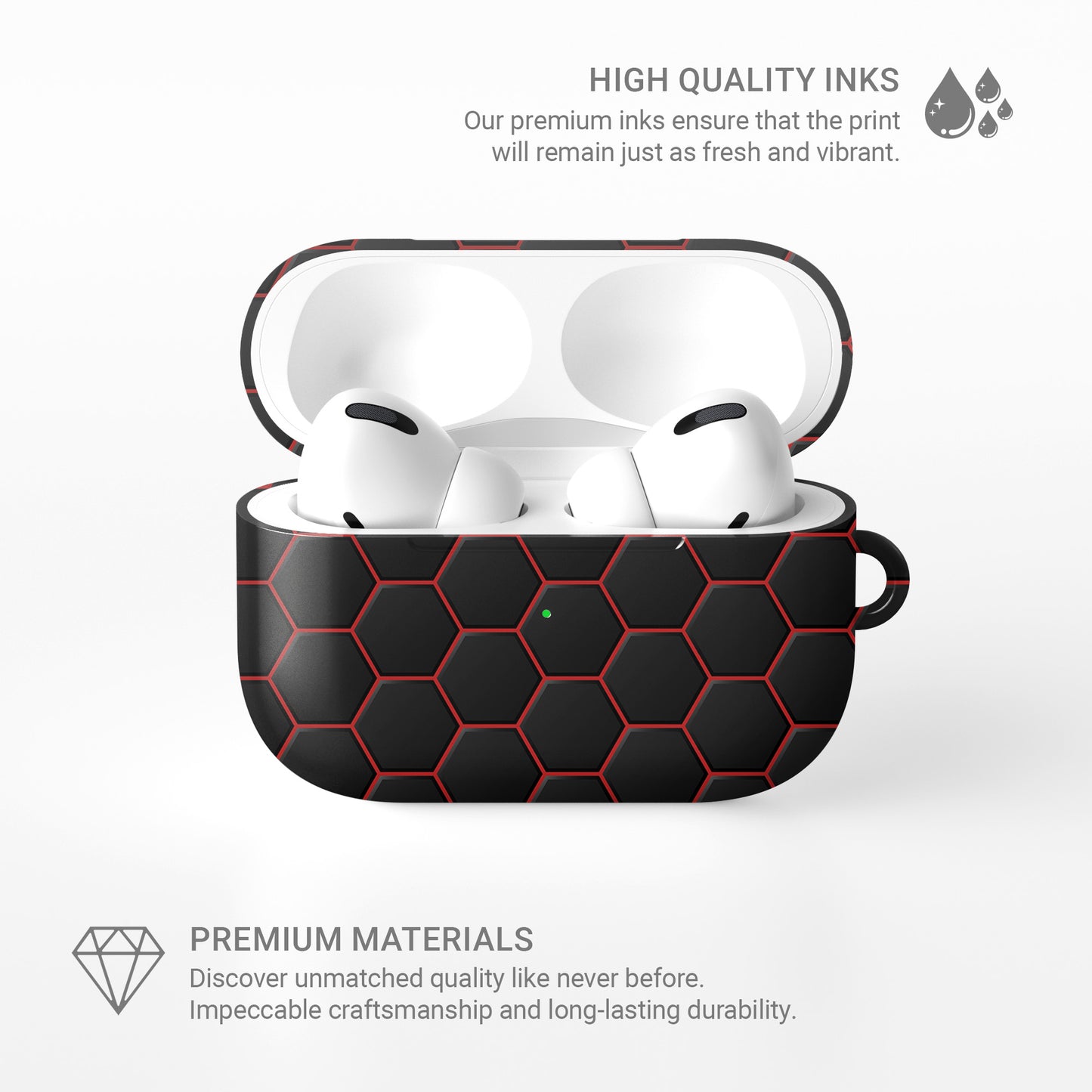 Redline Reactor AirPods tough case with black and red honeycomb hexagon pattern, glossy finish, modern geometric design, flat printed texture.