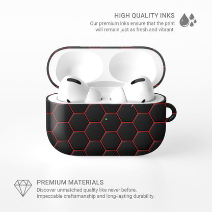 Redline Reactor AirPods tough case with black and red honeycomb hexagon pattern, glossy finish, modern geometric design, flat printed texture.