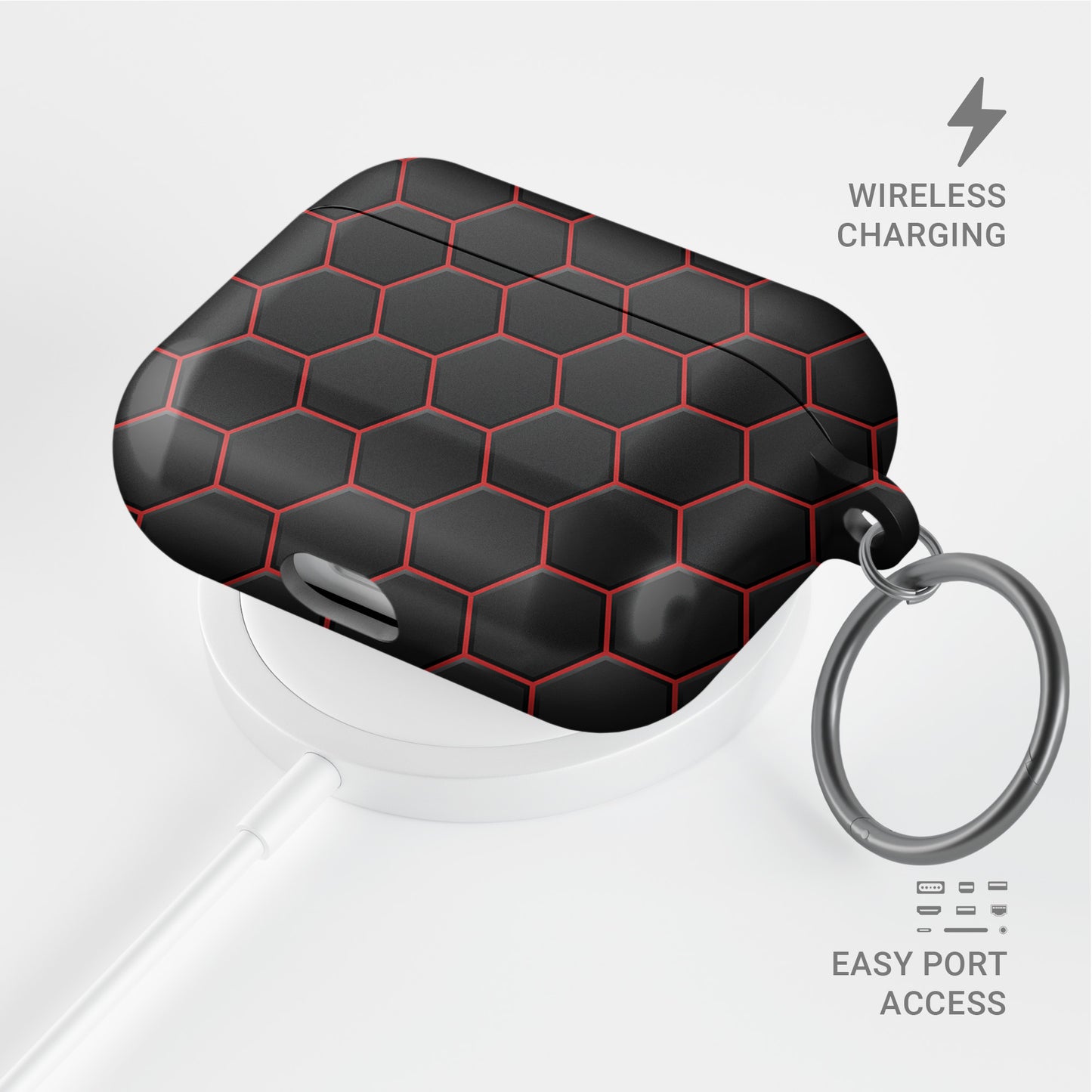 Redline Reactor AirPods tough case with black and red honeycomb hexagon pattern, glossy finish, modern geometric design, flat printed texture.