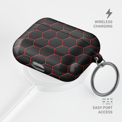 Redline Reactor AirPods tough case with black and red honeycomb hexagon pattern, glossy finish, modern geometric design, flat printed texture.