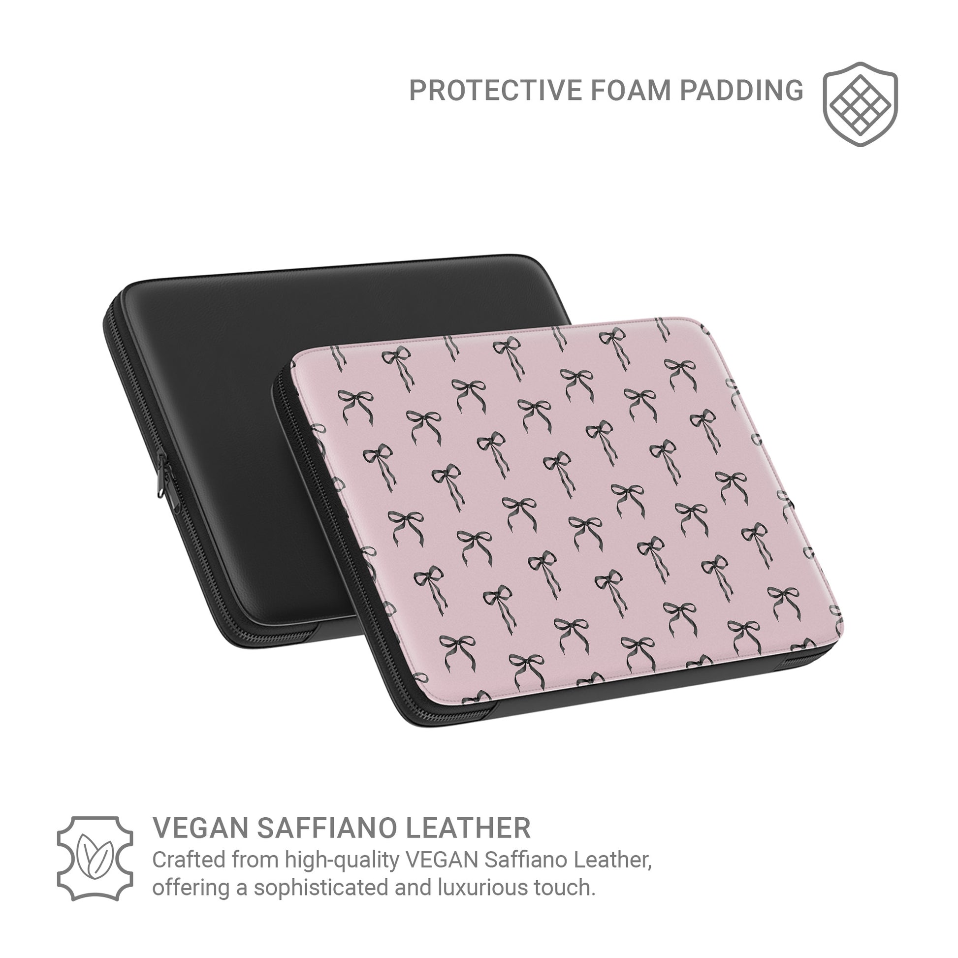 Pink laptop sleeve with black ribbon bow pattern and soft padded protective design
