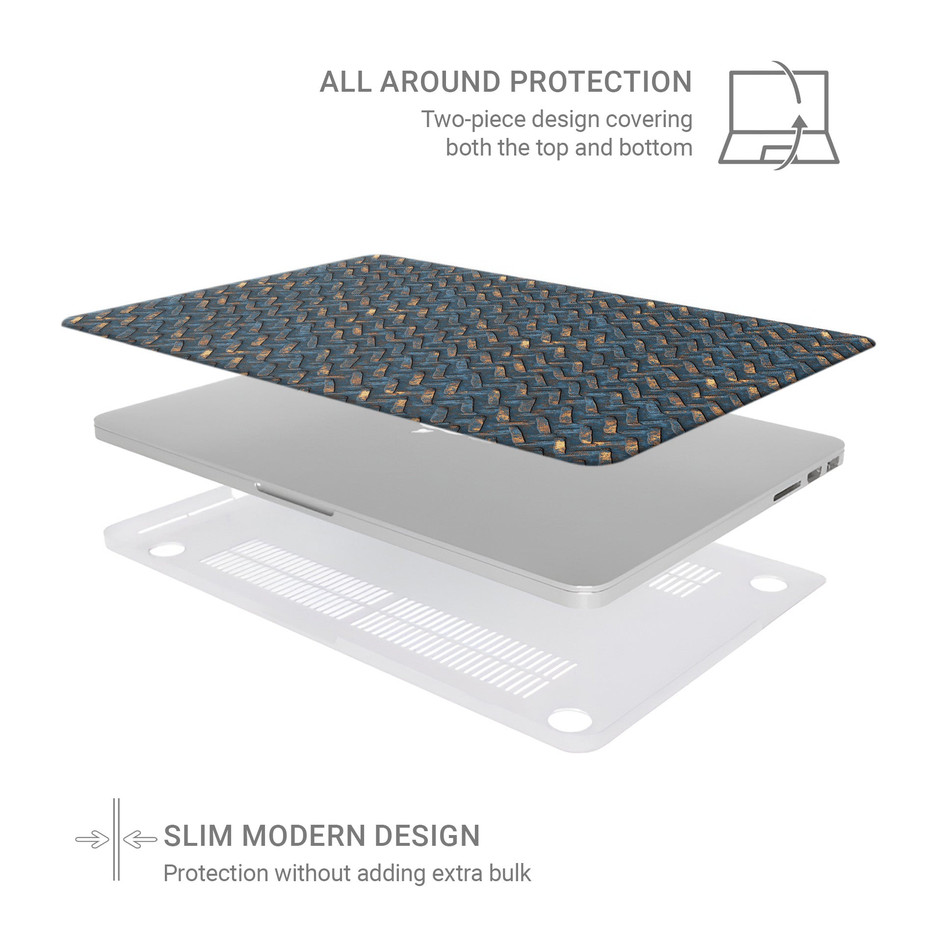 Rustfire Chevron laptop case with blue and rust industrial chevron pattern and slim matte hard shell finish