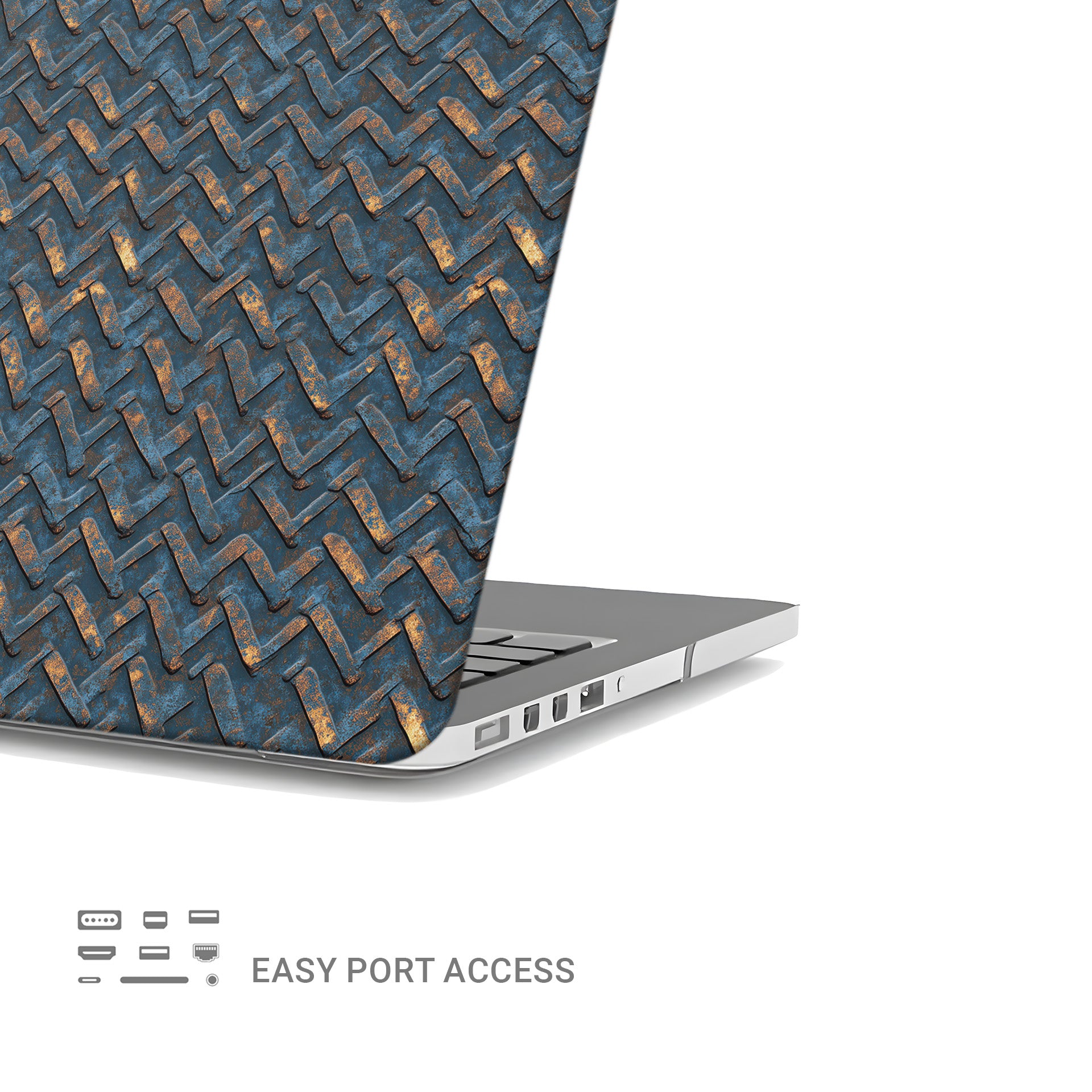 Rustfire Chevron laptop case with blue and rust industrial chevron pattern and slim matte hard shell finish