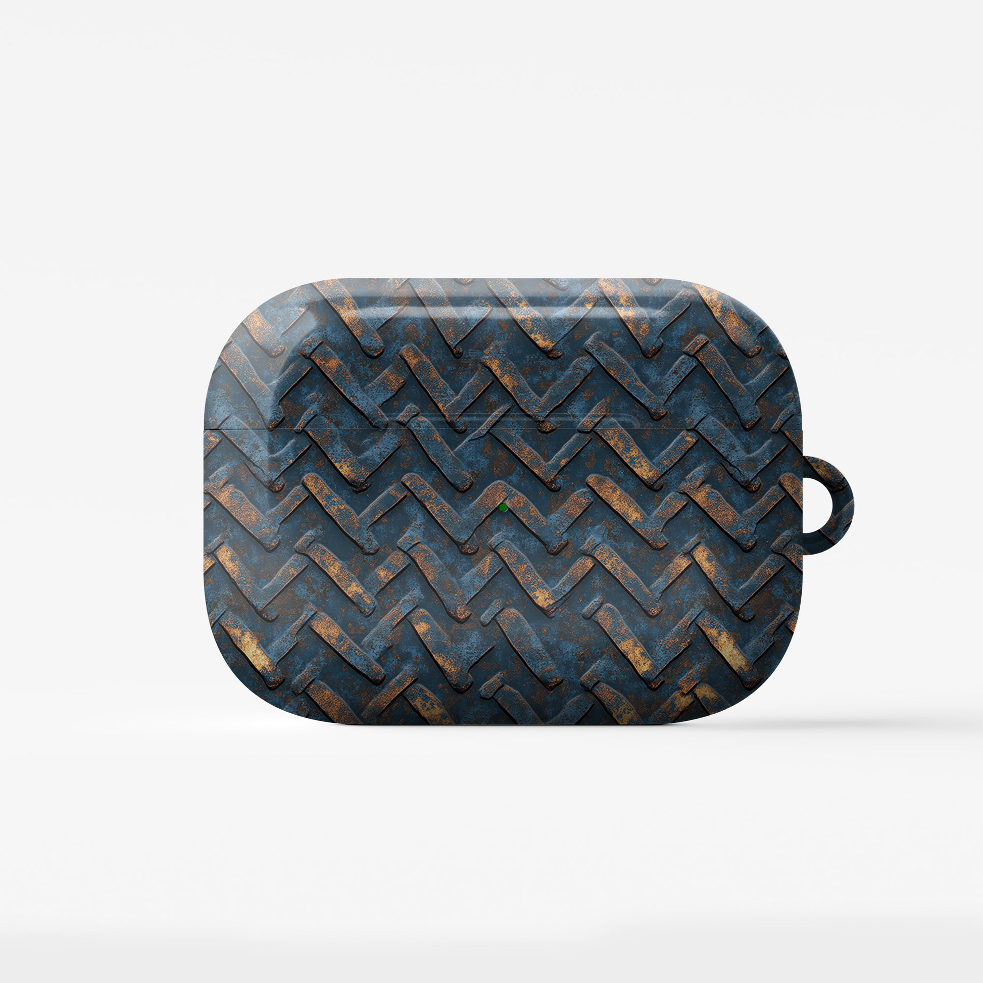 Rustfire Chevron AirPods tough case with distressed blue metal chevron pattern and glossy hard shell finish