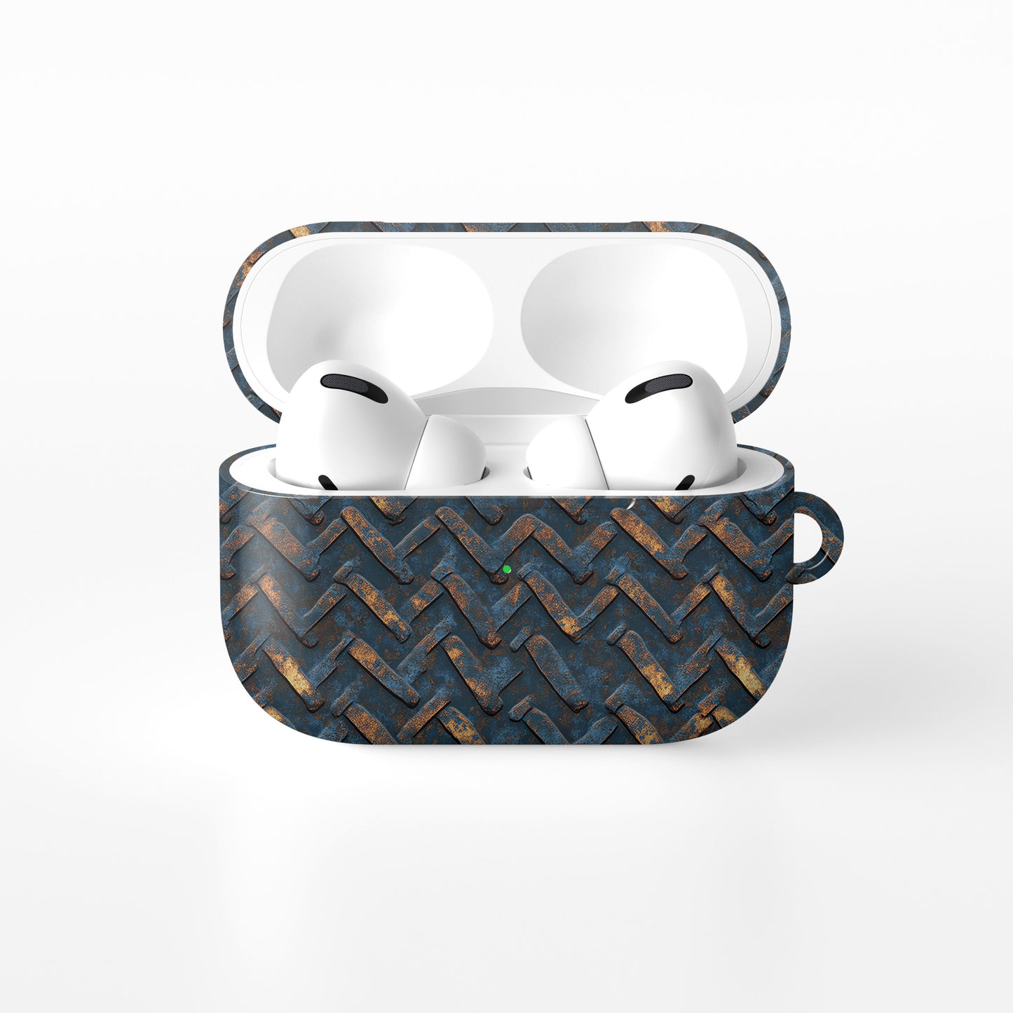 Rustfire Chevron AirPods tough case with distressed blue metal chevron pattern and glossy hard shell finish