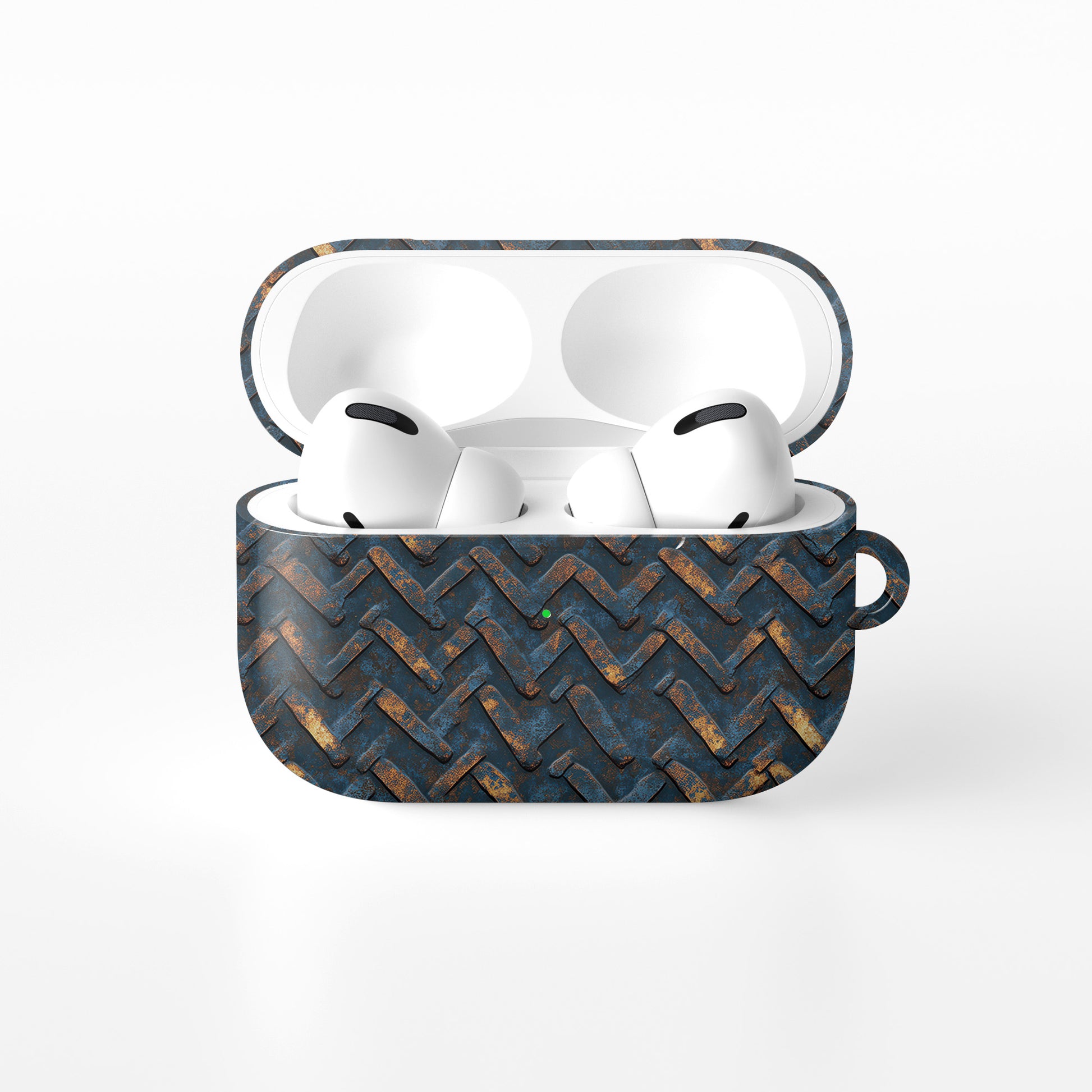 Rustfire Chevron AirPods tough case with distressed blue metal chevron pattern and glossy hard shell finish