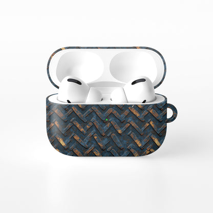 Rustfire Chevron AirPods tough case with distressed blue metal chevron pattern and glossy hard shell finish