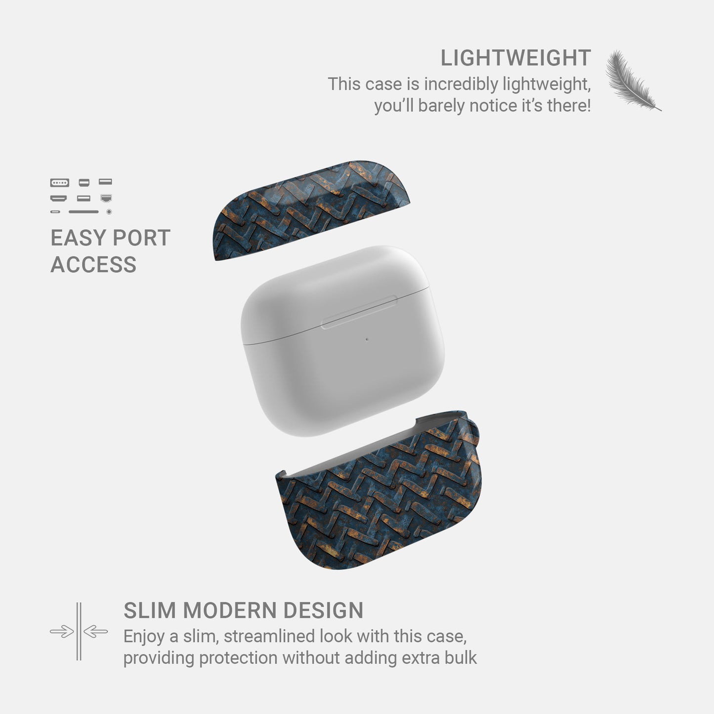 Rustfire Chevron AirPods tough case with distressed blue metal chevron pattern and glossy hard shell finish