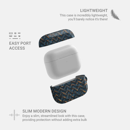 Rustfire Chevron AirPods tough case with distressed blue metal chevron pattern and glossy hard shell finish