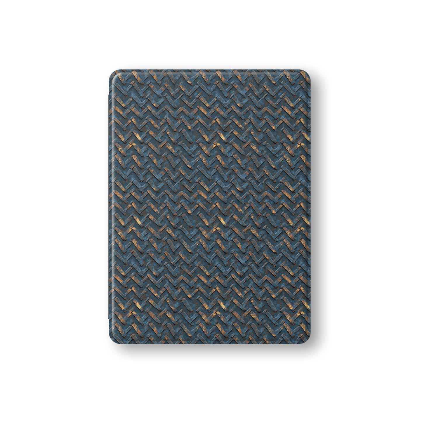 Rustfire Chevron Apple iPad case with blue metal texture, copper accents and vegan leather finish
