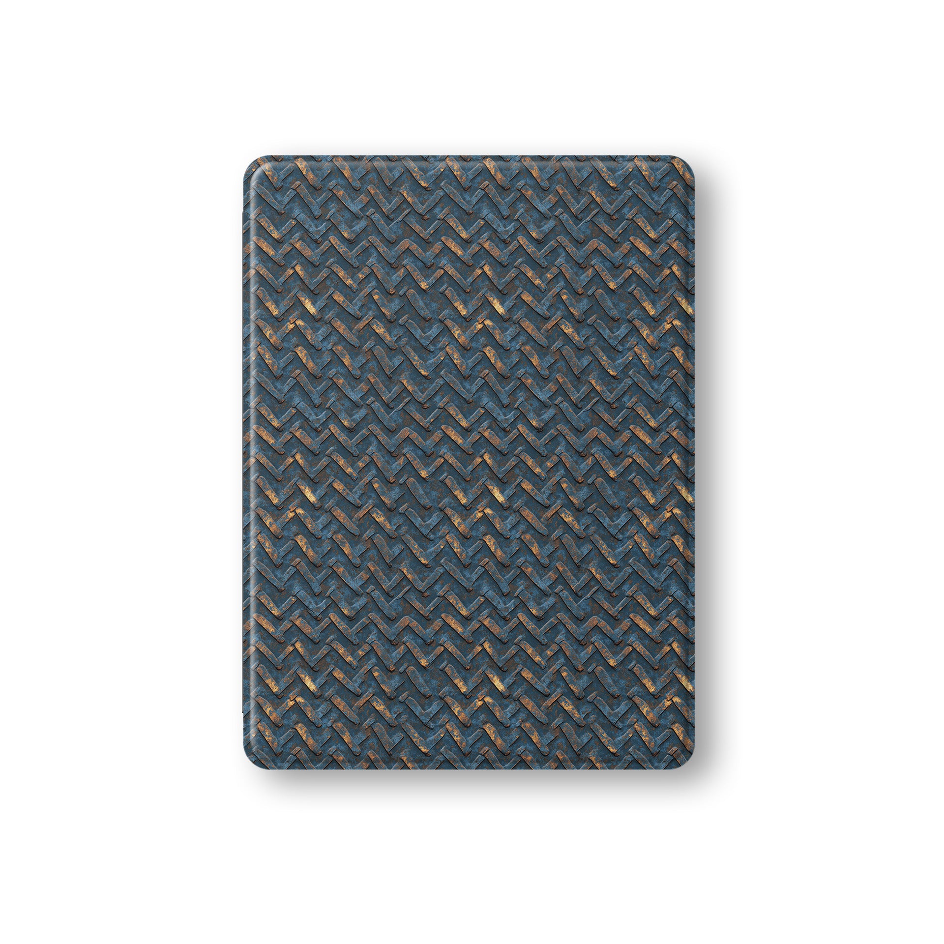 Rustfire Chevron Apple iPad case with blue metal texture, copper accents and vegan leather finish