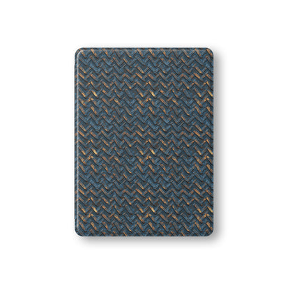 Rustfire Chevron Apple iPad case with blue metal texture, copper accents and vegan leather finish