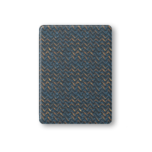 Rustfire Chevron Apple iPad case with blue metal texture, copper accents and vegan leather finish