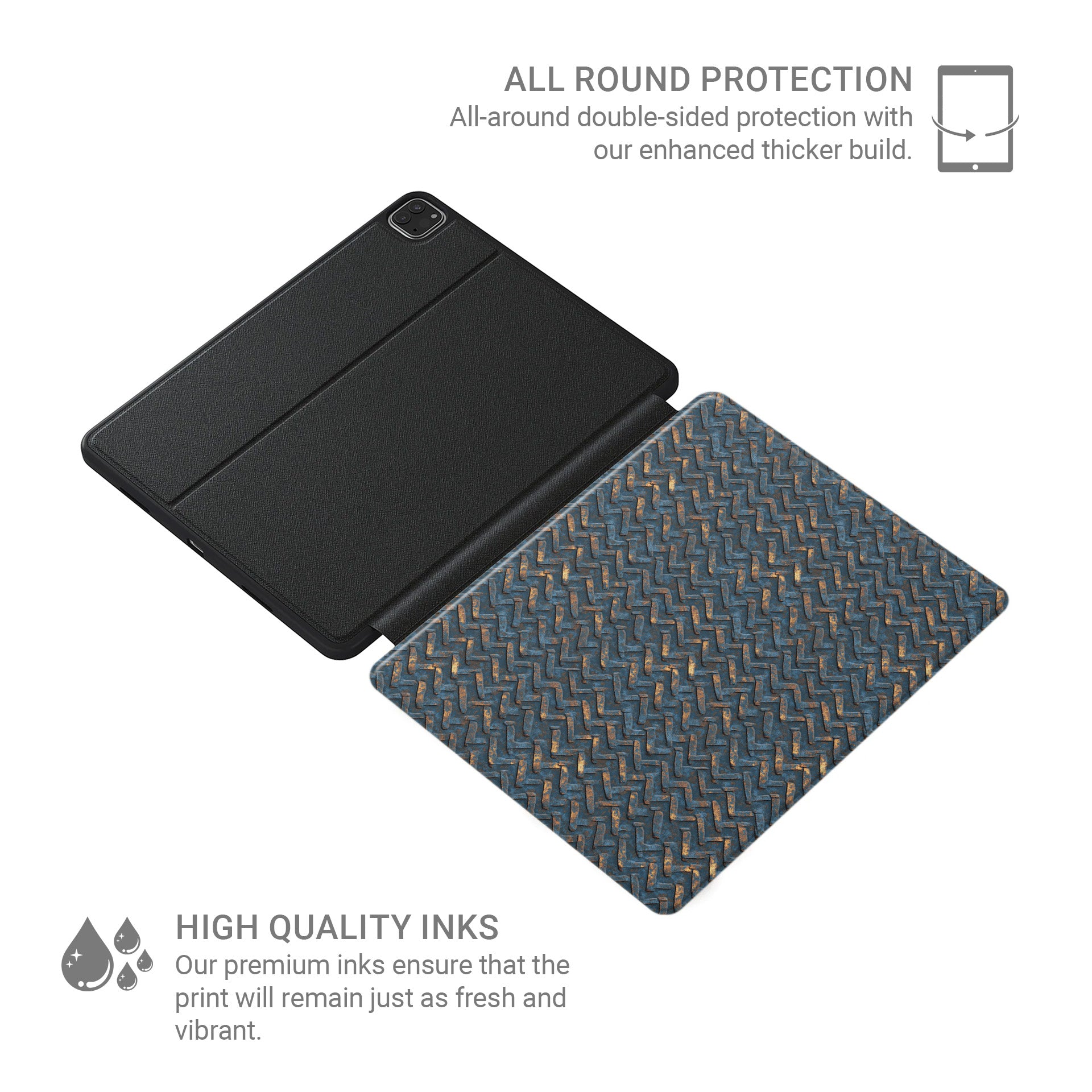 Rustfire Chevron Apple iPad case with blue metal texture, copper accents and vegan leather finish