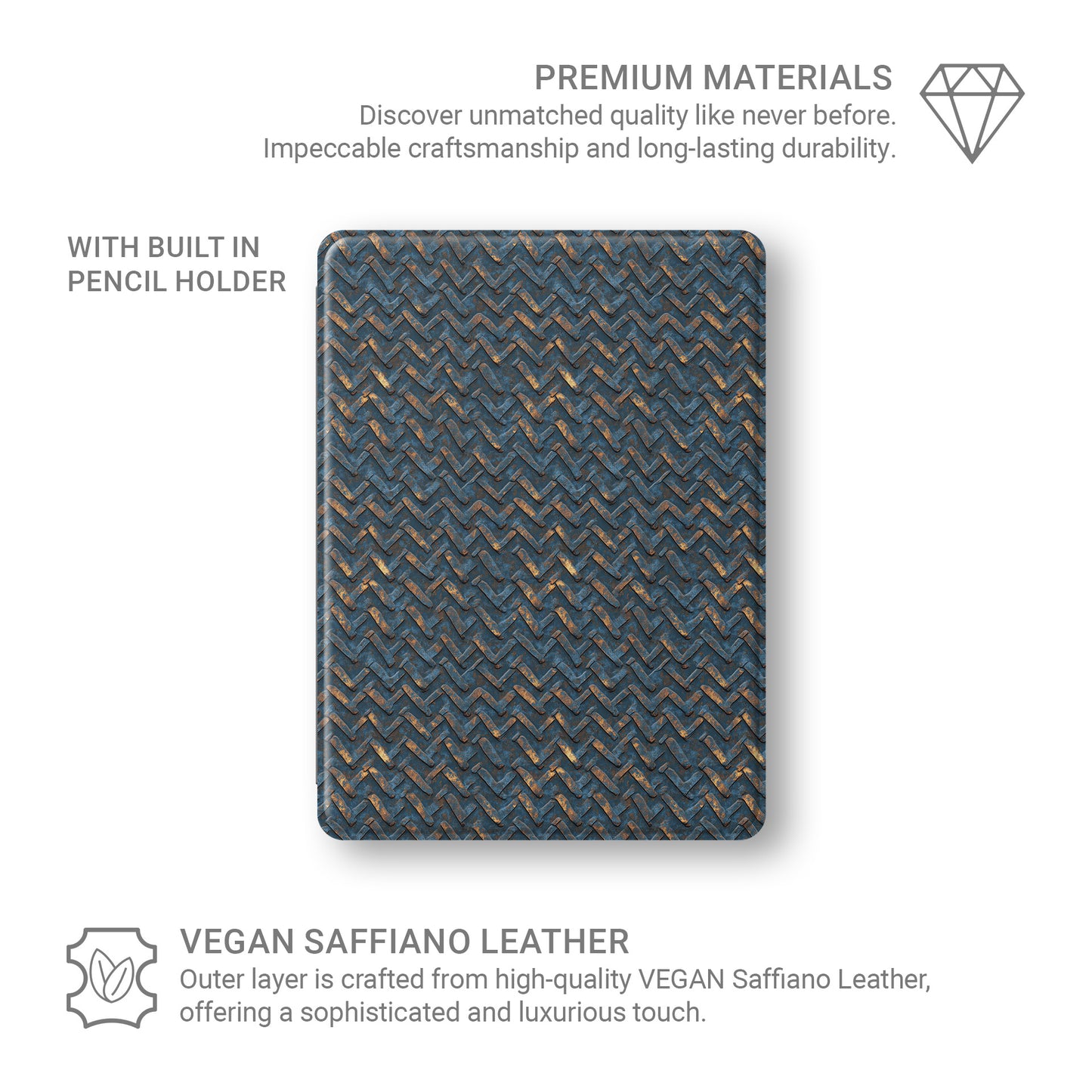 Rustfire Chevron Apple iPad case with blue metal texture, copper accents and vegan leather finish