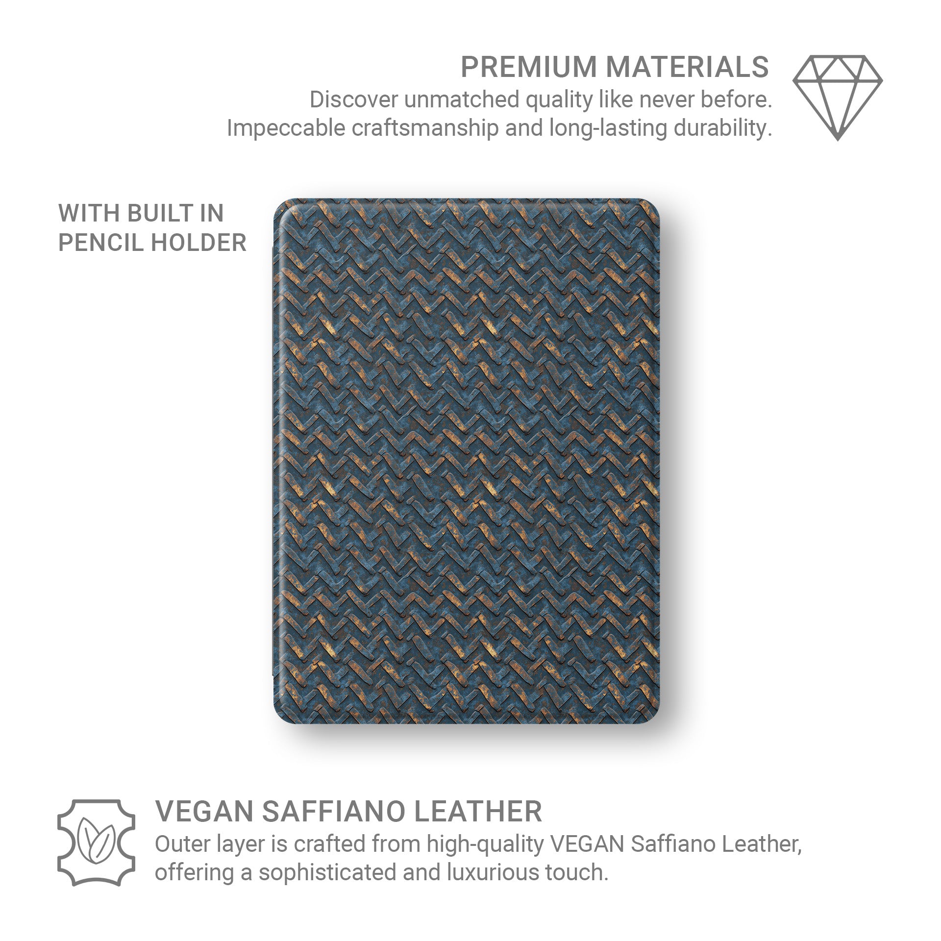 Rustfire Chevron Apple iPad case with blue metal texture, copper accents and vegan leather finish