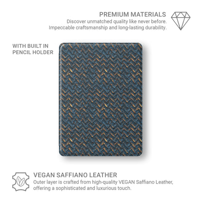 Rustfire Chevron Apple iPad case with blue metal texture, copper accents and vegan leather finish