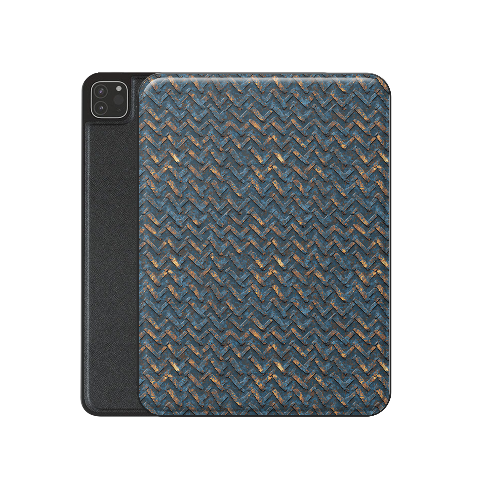 Rustfire Chevron Apple iPad case with blue metal texture, copper accents and vegan leather finish