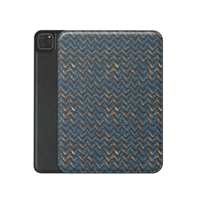 Rustfire Chevron Apple iPad case with blue metal texture, copper accents and vegan leather finish
