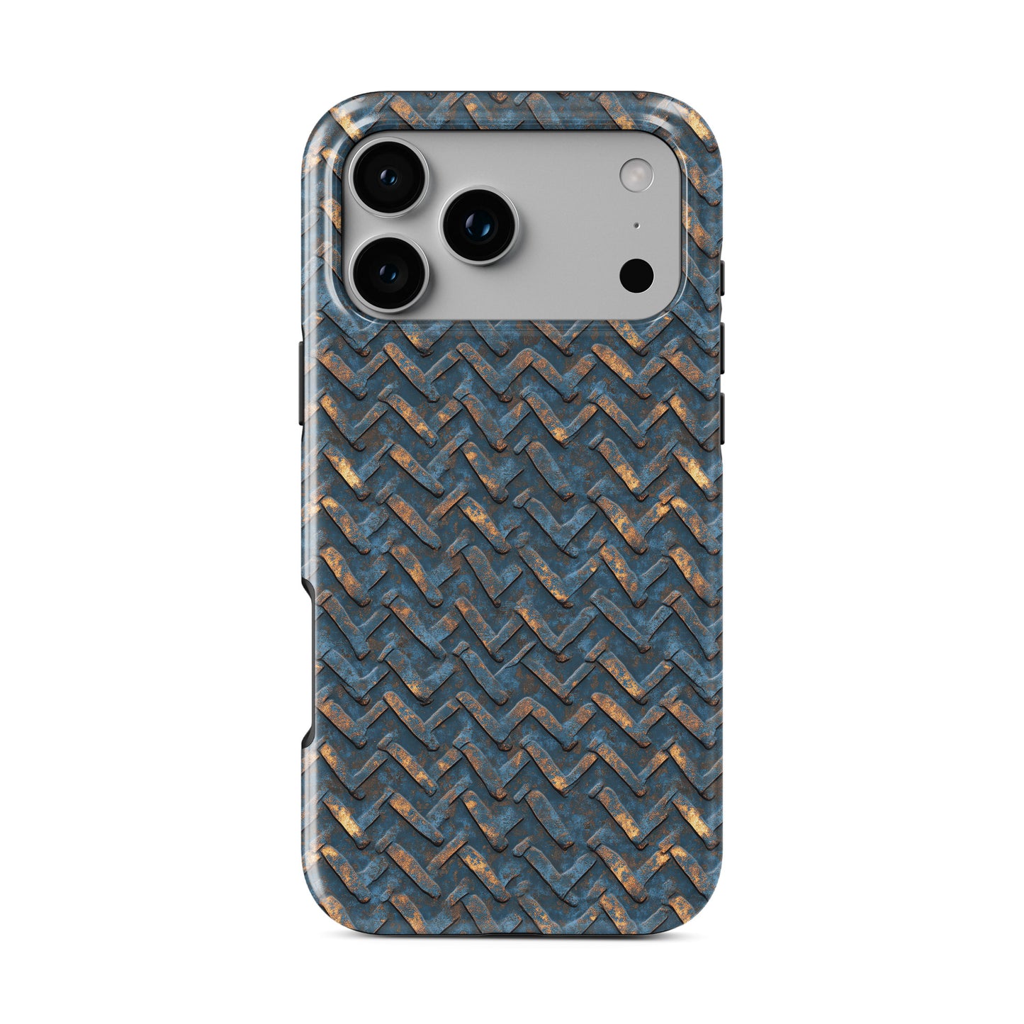 Blue and copper distressed chevron metal MagSafe tough phone case with glossy finish and dual layer protection