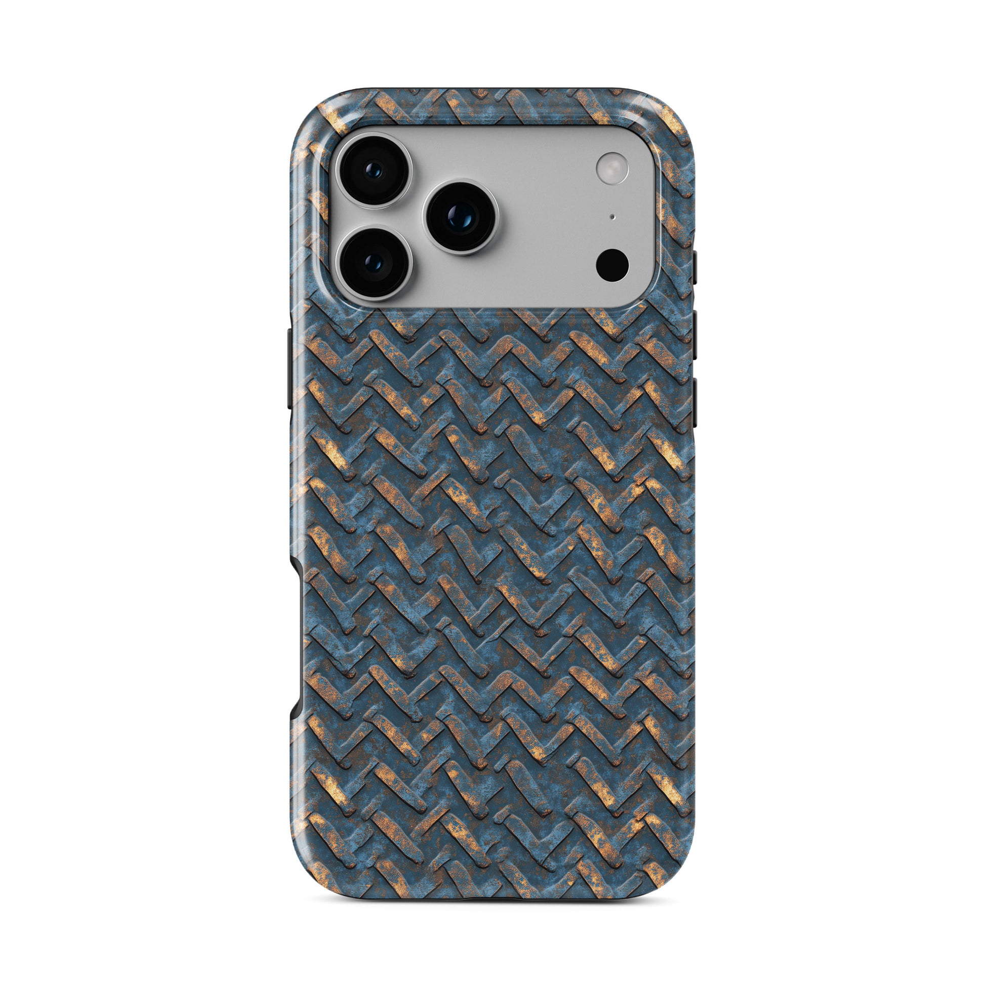Blue and copper distressed chevron metal MagSafe tough phone case with glossy finish and dual layer protection