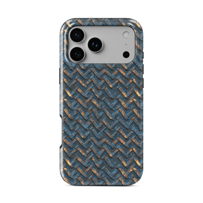 Blue and copper distressed chevron metal MagSafe tough phone case with glossy finish and dual layer protection