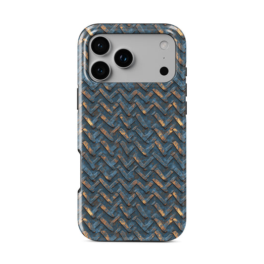 Blue and copper distressed chevron metal MagSafe tough phone case with glossy finish and dual layer protection