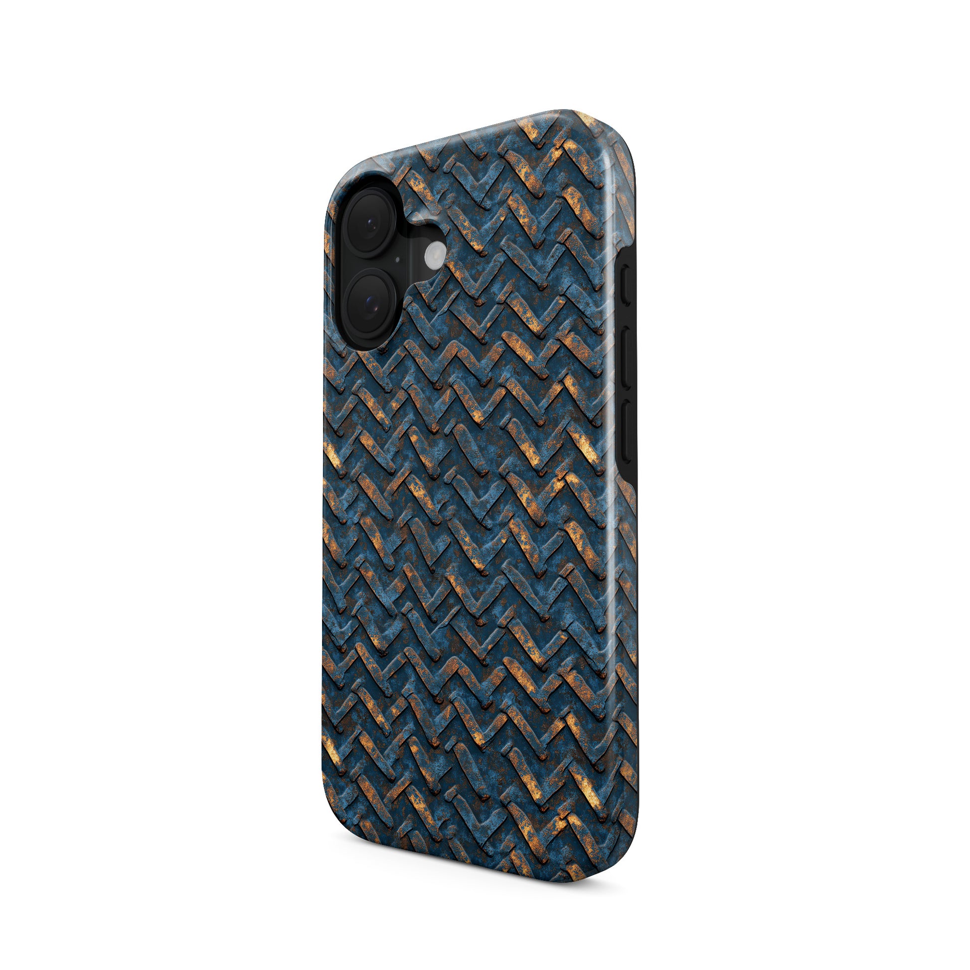 Blue and copper distressed chevron metal MagSafe tough phone case with glossy finish and dual layer protection