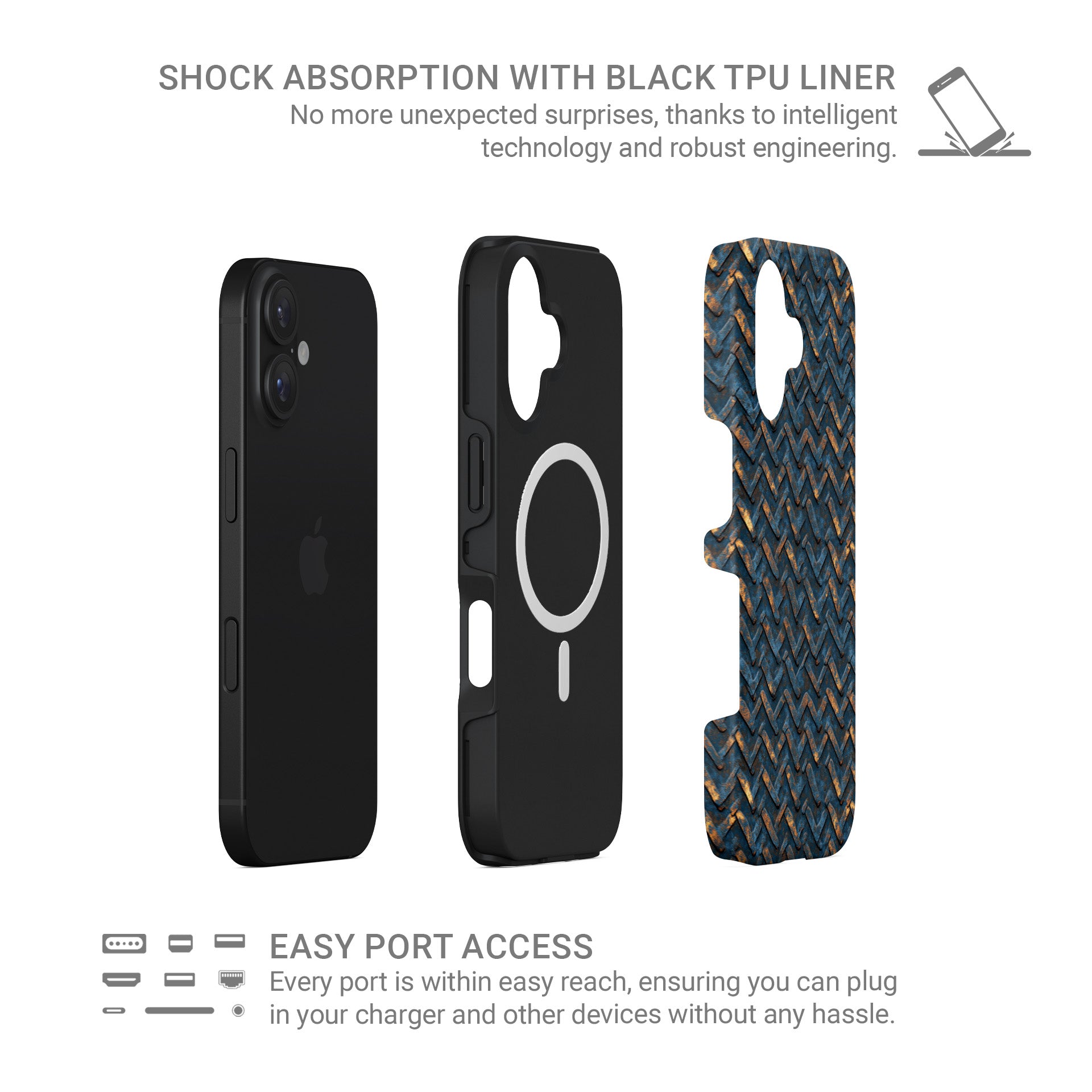 Blue and copper distressed chevron metal MagSafe tough phone case with glossy finish and dual layer protection