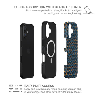 Blue and copper distressed chevron metal MagSafe tough phone case with glossy finish and dual layer protection