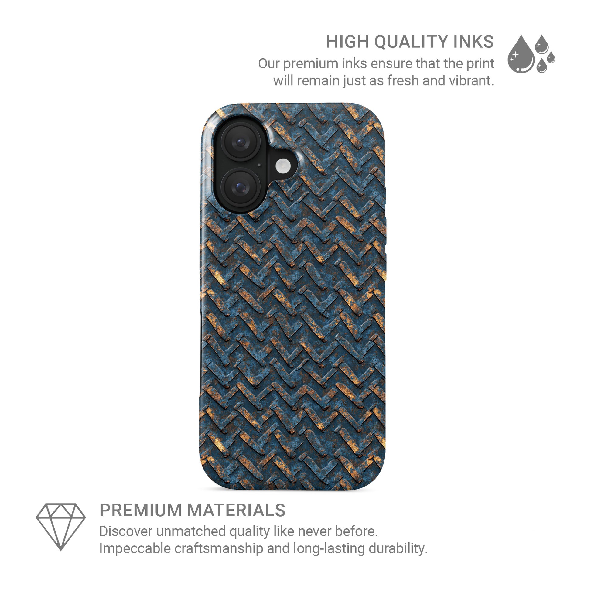 Blue and copper distressed chevron metal MagSafe tough phone case with glossy finish and dual layer protection