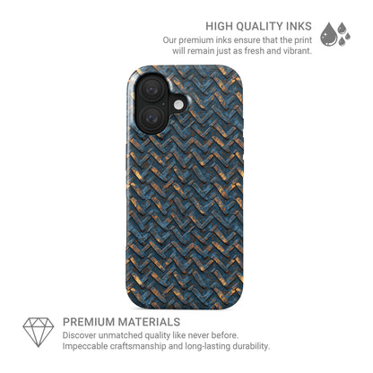 Blue and copper distressed chevron metal MagSafe tough phone case with glossy finish and dual layer protection